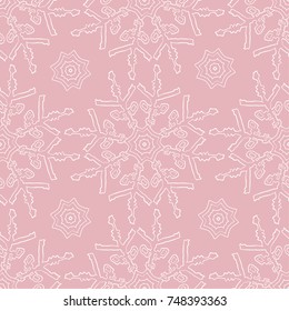 Vector seamless pattern with winter snowflakes on pink background.