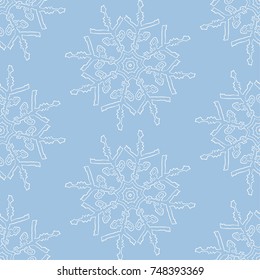 Vector seamless pattern with winter snowflakes on light blue background.