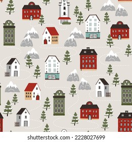 Vector seamless pattern with winter trees, colorful european buildings and mountains. Cartoon Illustration for Background, wallpaper, wrapping paper