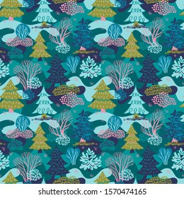 Vector seamless pattern with the winter woodland with fir trees