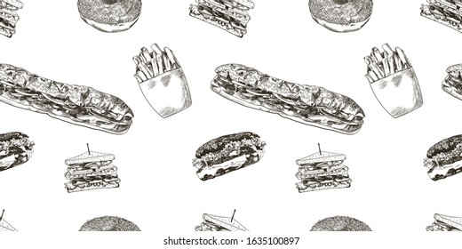 Vector Seamless Pattern wit Different Fast Food Meals, Black and White Illustration, Background Template.