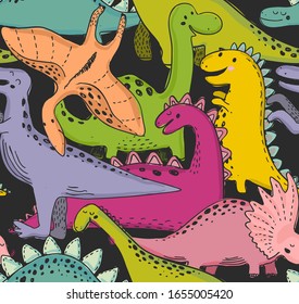 Vector seamless pattern wit dinosaur. Cute baby, childish simple print. Cool background fo nursery t-shirt, kids apparel, invitation cover, child design