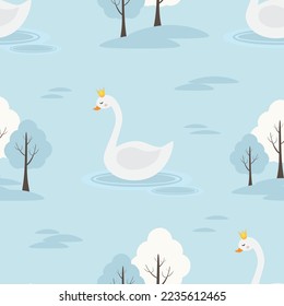 Vector seamless pattern wit white swan character in lake with trees in snow in cartoon style	