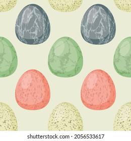 Vector Seamless Pattern wit Whole Textured Eggs. Vector Flat Cartoon Hand Drawn Dinosaur Egg, Kid, Childrens Illustration, Print for Kids, Card, Textile, Clothes, Wallpaper Design Template, Clipart