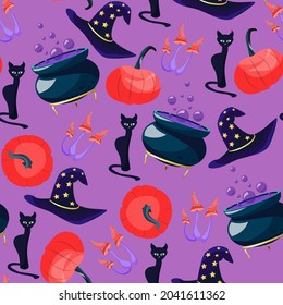 Vector seamless pattern with witch hat, black cat, cauldron with bubbling potion, pumpkin and magic mushrooms isolated on lilac background. Cartoon halloween elements for witchcraft.