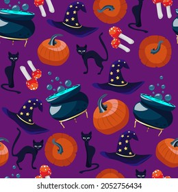 Vector seamless pattern with witch hat, pumpkin, black cat, amanita, bubbling cauldron isolated on purple background.