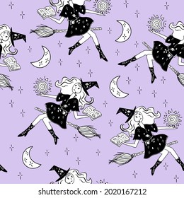 Vector seamless pattern witch on a broomstick with a magic book for halloween on the background of the night sky. Hand drawn design for wallpaper, wrapper, backdrop, banner decoration.