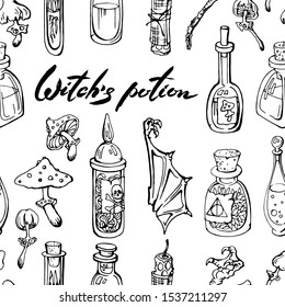 Vector seamless pattern of witch potion ingredients. Poisoned mushrooms, glass bottles with herbs and liquids, bat wing vox candle . Linear , hand drawn isolated on white elements for halloween 