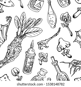 Vector seamless pattern with witch potion ingredients : mandrake, glass bottles with herbs and liquids, grebe , fly agaric, bat wing, bird's paw. Linear , hand drawn black on white. Halloween design.