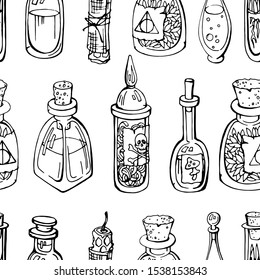 Vector seamless pattern with witch potion ingredients :glass bottles with herbs and liquids and vox candle . Bottle with cork. Linear , hand drawn black on white. Halloween design.