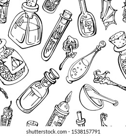 Vector seamless pattern with witch potion ingredients :glass bottles with cork with herbs and liquids ,grebe, poisoned mushrom, vox candle .  Linear ,hand drawn black on white. Halloween design.