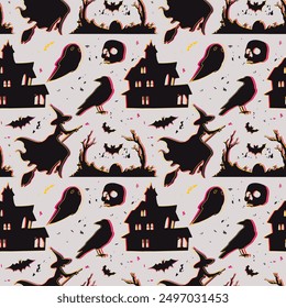 Vector seamless pattern witch, scary house, bats and other decorations on a gray textured background. Festive autumn background.