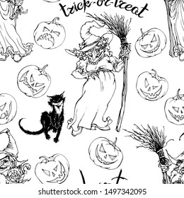 Vector seamless pattern with witches , black cat and pumpkins. Halloween design.