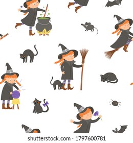Vector seamless pattern with witches. Digital paper with Halloween characters. Cute autumn all saints eve background with girl on a broom, with cauldron, cat, magic ball for kids. 
