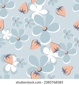 Vector seamless pattern with, berries strawberry, light blue flowers on light background. Simple abstract  ornament for wallpapers, fabrics, tile, decor,packaging, linen products, cover, postcards