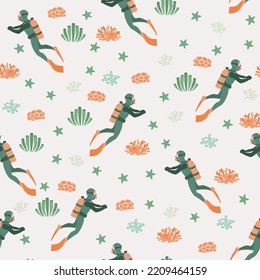 Vector seamless pattern witha diver, algae and starfish .Underwater cartoon creatures.Marine background.Cute ocean pattern for fabric, childrens clothing,textiles,wrapping paper