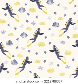 Vector seamless pattern witha diver, algae and starfish .Underwater cartoon creatures.Marine background.Cute ocean pattern for fabric, childrens clothing,textiles,wrapping paper