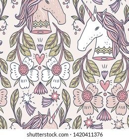 vector seamless pattern withbeautiful unicorns and fantasy flowers