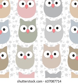 Vector Seamless Pattern withl Owls on  a Floral Background