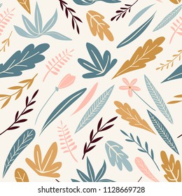 Vector seamless pattern withl vegetables and flowers in the garden. Hand drawn design for fabric in scandinavian style.