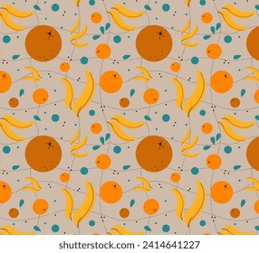 Vector seamless pattern withoranga fruit and banana for baby child nursery textile. Vector  cartoon doodle flat illustration.