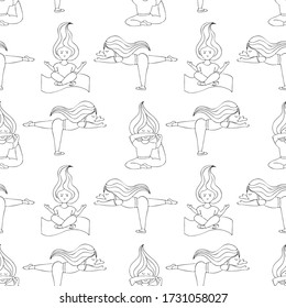 vector seamless pattern without background, doodle coloring book, yoga poses, asanas, girl in training, healthy, lifestyle, sport