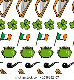 Vector seamless pattern withset of hand drawn St. Patrick's Day symbols. Beautiful ink drawing, perfect for Saint Patrick's Day design