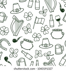 Vector seamless pattern withset of hand drawn St. Patrick's Day symbols. Beautiful ink drawing, perfect for Saint Patrick's Day design