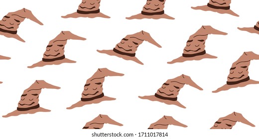 Vector seamless pattern with wizard hats isolated on white background. Cartoon hand drawn pattern perfect for kids, teenagers, lovers of magic, witchcraft. Halloween cute background