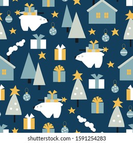 Vector  seamless pattern with wnter houses and polar bear. 
