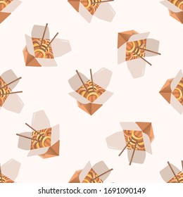 Vector sin fisuras con wok, caja de porcelana, fideos. Bonitos elementos de diseño gastronómico.