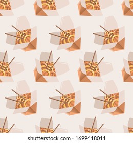 Vector seamless pattern with wok, china box, noodle. Beautiful food design elements.