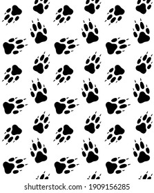 Vector seamless pattern of wolf dog paw foot print isolated on white background