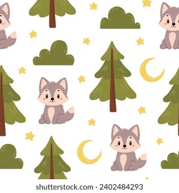 Vector seamless pattern with wolf. Vector flat illustration for textile, fabric, wallpaper, web design