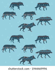 vector seamless pattern of wolves silhouettes in blue and brown color scheme with stylized ethnic geometric pattern, main color is blue