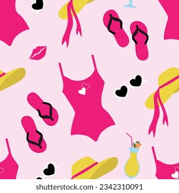 Vector seamless pattern with woman beach accessories in cartoon style. Vector retro bikini background
