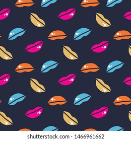 Vector seamless pattern with woman bright colorful lips on a dark blue background