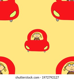 Vector seamless pattern, woman driving, car, trip, journey, transportation, character. Background illustration, decorative design for fabric or paper. Ornament modern