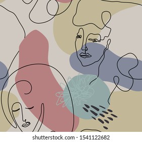 Vector seamless pattern with woman face drawn in black continuous line, abstract texture, collage elements. Endless background in trendy modern minimalism scandinavian style