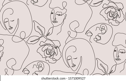 Vector seamless pattern with woman face and rose flower drawn in black continuous line,. Endless background in trendy modern minimalism abstract style