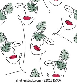 Vector seamless pattern. Woman face with monstera leaves continuous line drawing. Modern abstract line art illustration.Wallpaper, background, fabric, print, wrapping paper, card, banner, poster