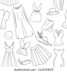 Vector seamless pattern with woman icon clothing. Linear colored dress, skirt, shirt and hats objects isolated on white background. Vector illustration.