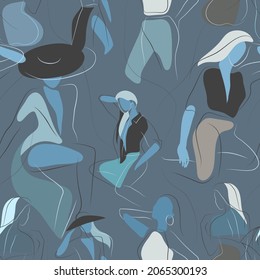 Vektornahtloses Muster mit Frauen in minimallinearer Mode-Illustration von Weiblichkeit, Schönheit und moderner Kunst. Abstraktes Poster und T-Shirt-Druck, Vektorgrafik