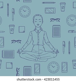 Vector seamless pattern with woman office worker meditating in lotus pose with office stuff. Office yoga and supplies. Outline pattern background.