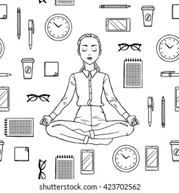 Vector seamless pattern with woman office worker meditating in lotus pose with office stuff. Office yoga and supplies. Outline pattern background for coloring book.