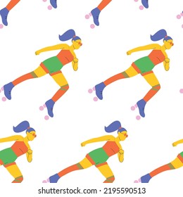 Vector seamless pattern with  woman in roller skates. Vintage repeated texture with roller skates. Bright retro print for fabric, home decor and wrapping paper.