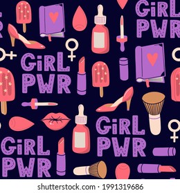 Vector seamless pattern with woman stuff and items, cosmetics, handwritten lettering quote ‘Girl power’.  International women day, girl protest