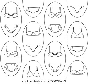 Vector seamless pattern with woman underwear set. Styles of lingerie, isolated vector. Fashion bra set with different style of bra and woman panties. Template for design fashion or shop card or banner