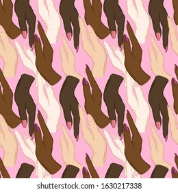 Vector seamless pattern of woman`s arms different nationalities and skin color. Race equality, feminism, tolerance art.