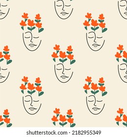 Vector seamless pattern. Woman's face, flowers, leaves. Linear nature background. Use for packaging, cosmetics, decor. Fashion concept, minimalist female beauty.